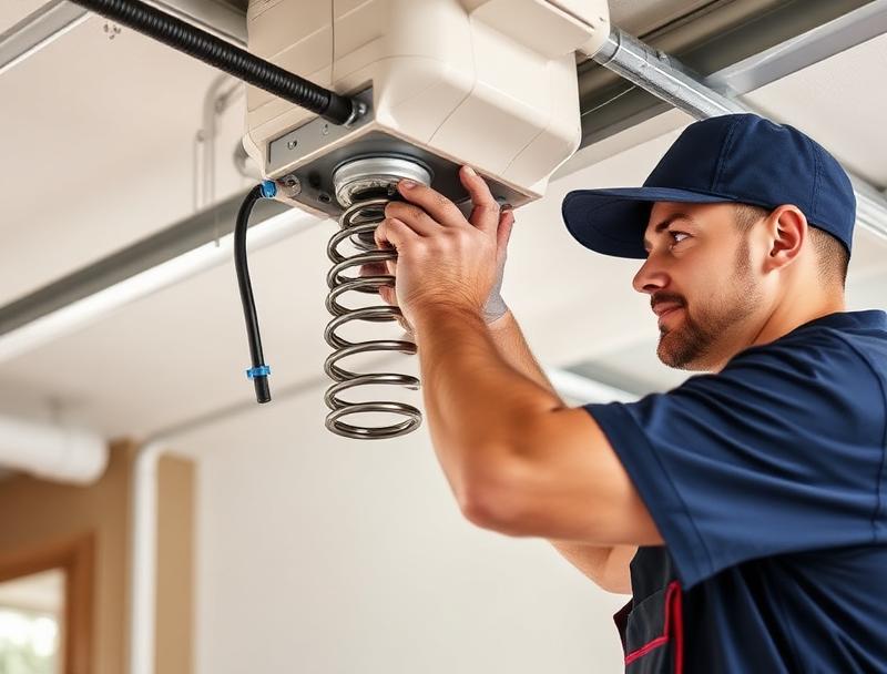 Technician repairing garage door spring