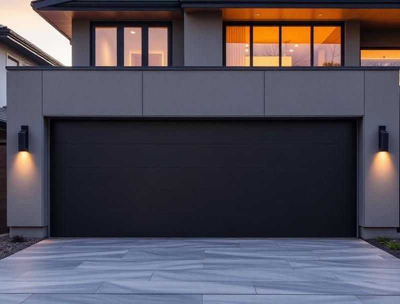 Modern dark gray garage door on contemporary home